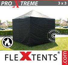 Pop up Canopy FleXtents Pro Xtreme 3x3 m Black, Flame retardant, incl. 4 sidewalls